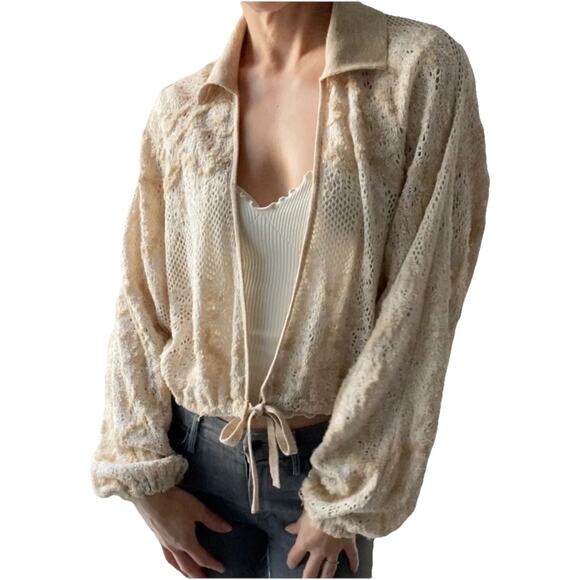 Anthropologie Sweaters - Anthropologie lace knitted adjustable cardigan beige women's XS Small Cropped
